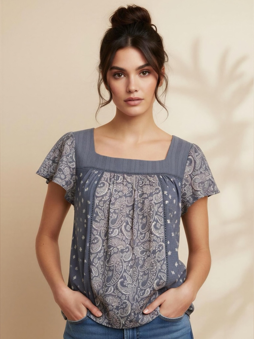 Rewind Square Neck Flutter Sleeve Blouse NWT